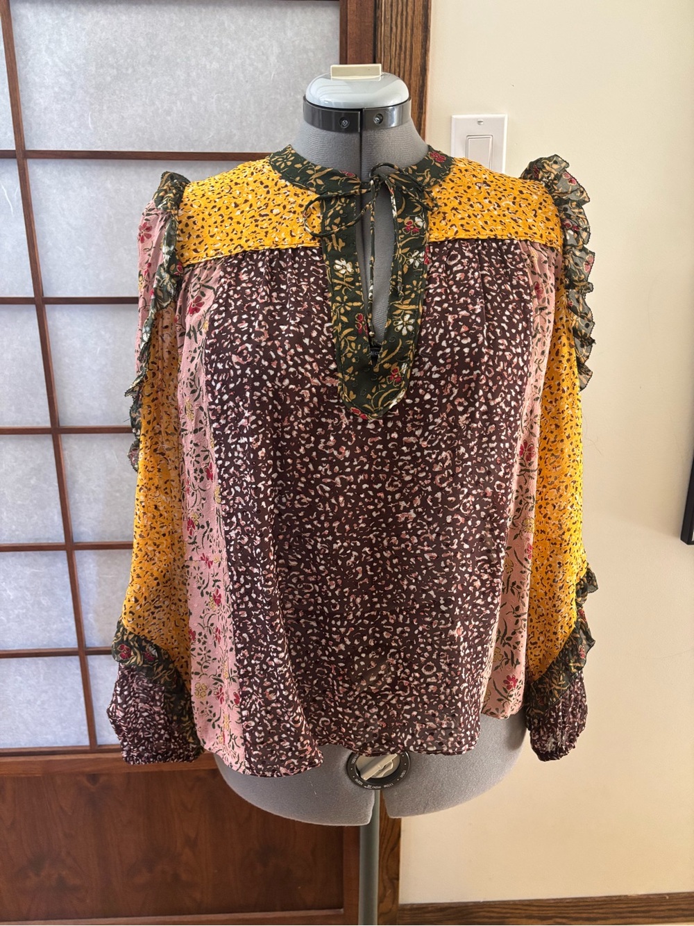 VGUC Ulla Johnson Silk Norma Tie-Neck Blouse in Marigold, Brown & Pink US 6